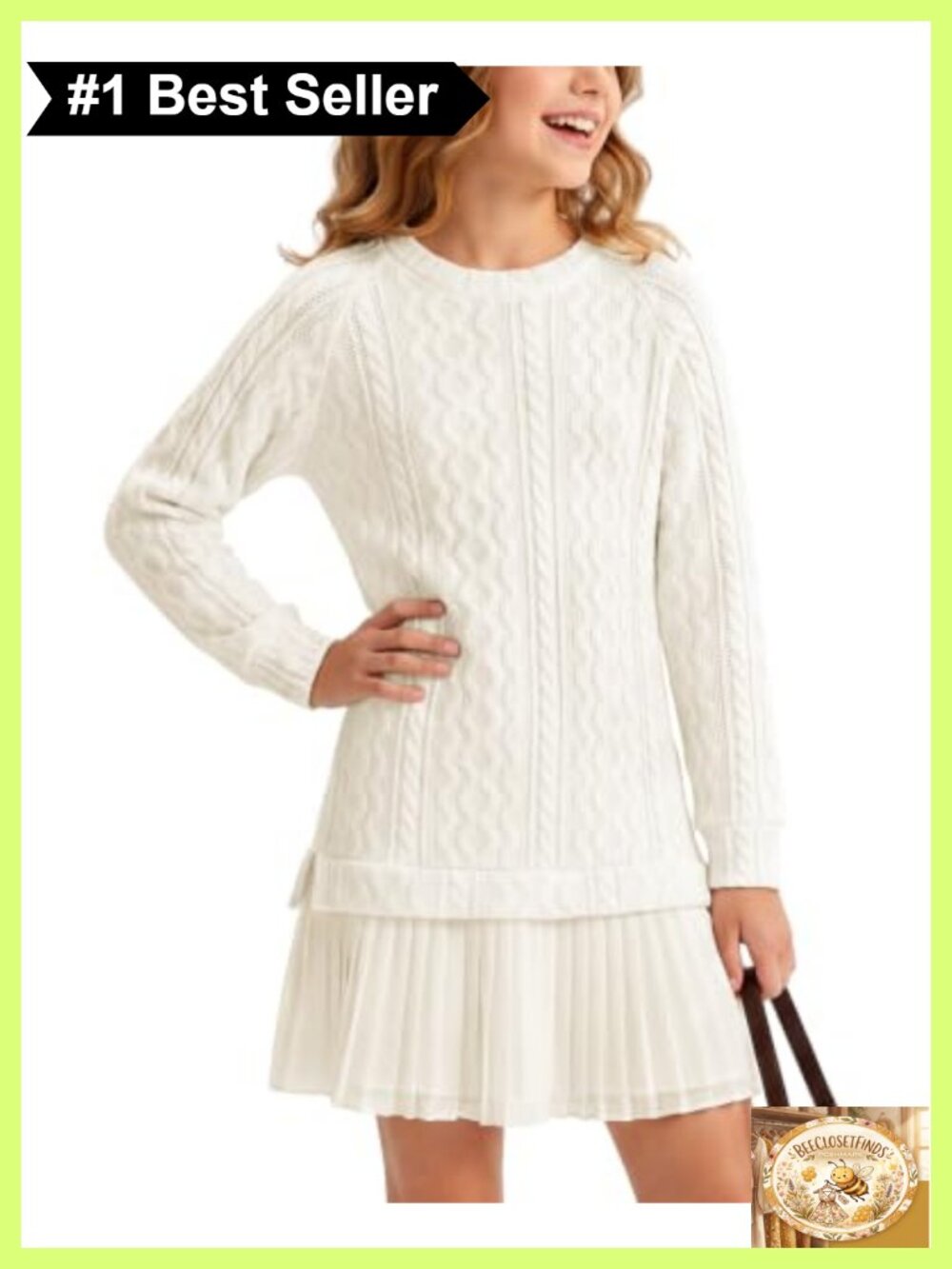 Girls Cable Knit Twofer Pleated Dress Long Sleeve Fall Winter